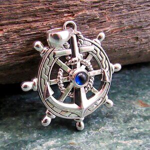 Solid 925 Sterling Silver Ship's Wheel Helm Pendant w/ Sapphire Nautical Jewelry